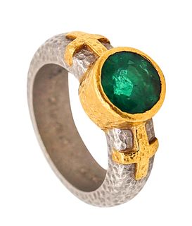 Wendy Walker 1995 Hammered Ring In Platinum And 22Kt Gold With 1.45 Cts Emerald