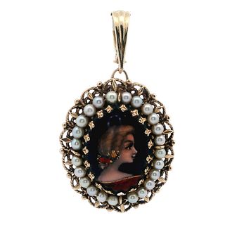 French Antique 14kt Gold Enamel Pendant / Brooch with Pearls