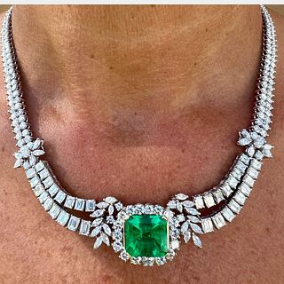 1950â€™s 18K White Gold Gubelin Certified Colombian Emerald & Diamond Necklace