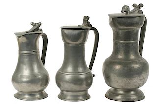 (3) EARLY PEWTER FLAGONS