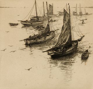 Morris Henry Hobbs (Am. 1892-1967), "Boats at Plougastel Brittany", Etching, framed under glass