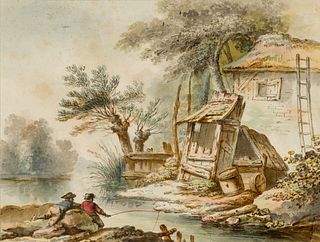 Jean-Baptiste Huet (Fr. 1745-1811), Boys Fishing by the Mill, Watercolor on paper, framed under glass
