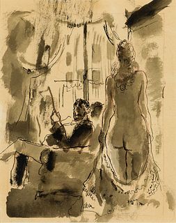 Bernard LaMotte (Fr. 1903-1983), The Seduction, Ink wash on paper, framed under glass