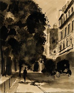 Bernard LaMotte (Fr. 1903-1983), Paris Street Scene, Ink wash on paper, framed under glass