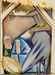 Jean Charlot (Fr./Am. 1898-1979), Nativity Scene, 1943, Watercolor on paper, framed under glass