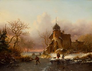 Fredrik Marinus Kruseman (Dutch 1816-1882), Winter Landscape with Skaters, Oil on panel, framed