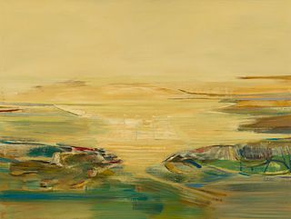John Korner (Czech/Can. 1913-2014), Landscape with Ship, 1969, Oil on canvas, framed