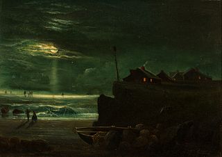 19th Century American School, Night Scene, Oil on canvas, framed