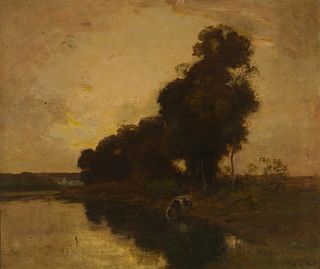 Frederick Kost (Am. 1861-1923), Cow Drinking at Sunset, Oil on linen, framed