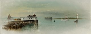 George M. Hathaway (Am. 1852-1903), Fort Gorges and Portland Breakwater Light, Oil on panel, framed