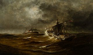 George M. Hathaway (Am. 1852-1903), Ship on Stormy Sea, Oil on canvas, framed