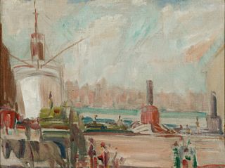 20th Century American School, New York City Shipyard, Oil on canvasboard, framed