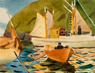 James Fitzgerald (Am. 1899-1971), Fishing Boats, c. 1940, Watercolor on paper, framed under glass