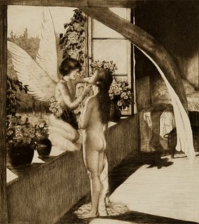 Joseph Uhl (Ger. 1877-1945), Woman and Fairy, Etching with aquatint, unframed