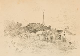 Walter Griffin (Am. 1861-1935), "New England Village Church", Pencil on paper, framed under glass