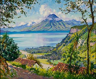 Humberto Garavito (Guatemalan 1897-1970), View of Lake Atitlan, Oil on canvas, framed