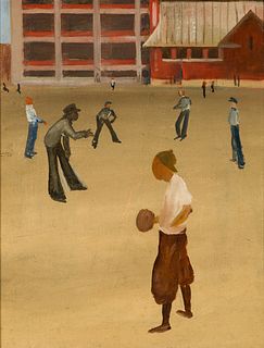 Allan Crite (Am. 1910-2007), Playing Stick Ball, Boston, c. 1936 , Oil on canvasboard, framed