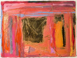 Frances Kornbluth (Am. 1920-2014), "Sunset Stage #1", Gold leaf and tempera on paper, framed under glass