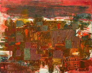 Morris Shulman (Am. 1912-1978), Abstraction in Red, c. 1955, Oil on canvasboard, unframed