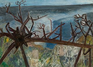 Morris Shulman (Am. 1912-1978), "Fallen Tree and Sea", Casein and pastel on paper, framed under glass