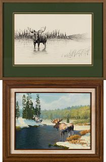 John Felsing (Am. b. 1954), Two Works, Pen and ink on paper, framed under glass and oil on canvas, framed