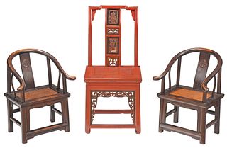A Chinese Wedding Chair and a Pair of Child's Chairs