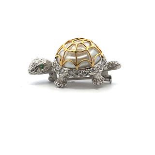 14kt Gold Turtle Brooch with Emeralds, Diamonds and Pearl
