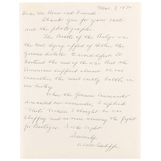Anthony C. McAuliffe Autograph Letter Signed: "I replied &#39;Nuts&#39; because I thought he was bluffing...I was right"