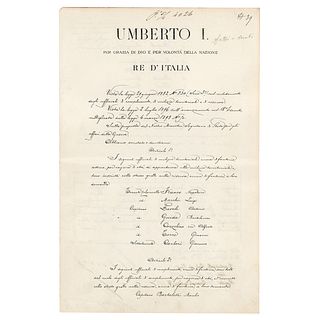 King Umberto I of Italy Document Signed
