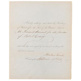 Abraham Lincoln Document Signed as President, Pardoning a Mutiny Leader