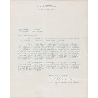 Robert Oppenheimer Typed Letter Signed to a Manhattan Project Employee in the &#39;Explosives Division&#39; - "Your personal accomplishments must rema