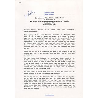Yitzhak Rabin Signed Official Typescript Copy of His Israel-Palestine Peace &#39;Oslo I Accord&#39; Address