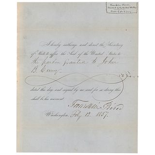 Franklin Pierce Document Signed as President - Pardon for Mail Robbery