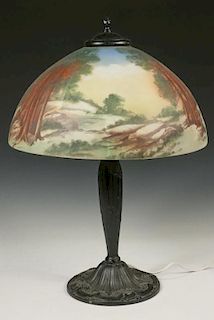 GLASS DOME TABLE LAMP WITH PAINTED WOOD SCENE