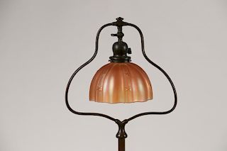 ARTS & CRAFTS BRONZE FLOOR LAMP WITH CARNIVAL GLASS SHADE