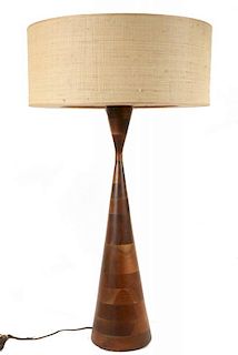 NAKASHIMA STYLE TURNED WOOD TABLE LAMP WITH ORIGINAL BURLAP SHADE
