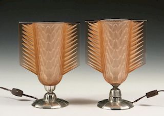 PAIR OF CHROME AND PEACH GLASS ART DECO ACCENT LAMPS