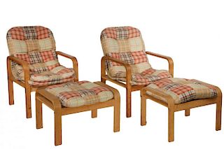 PAIR OF BRIGGER DESIGN BY KLEIN ARMCHAIRS WITH OTTOMANS
