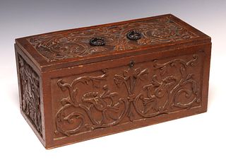 ENGLISH ARTS & CRAFTS CARVED OAK TABLE BOX