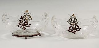 PAIR OF CRYSTAL CANDY DISHES WITH GARNETS
