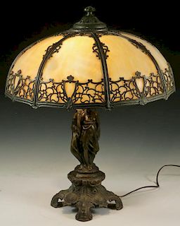 LARGE CARAMEL PANEL LAMP WITH FIGURAL BASE