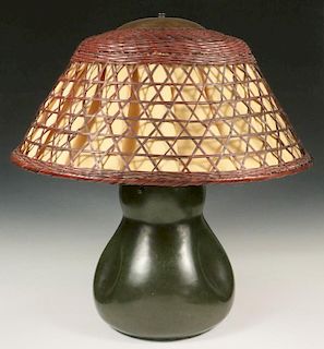 VERY FINE ARTS & CRAFTS POTTERY LAMP WITH ORIGINAL RATTAN SHADE