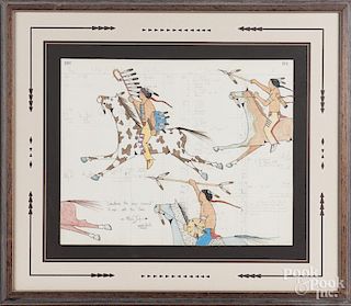 Merle Locke Native American ledger drawing, 16" x