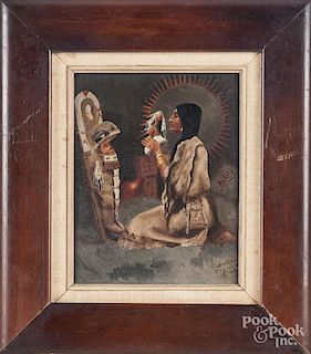 Oil on board Native American woman and child, sign