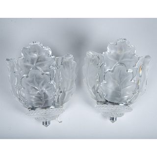 Pair of Lalique French Glass Wall Scones, Chene