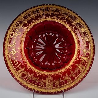 Cranberry Glass Centerpiece Bowl with Gilt Design