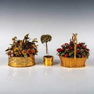 3pc Gorham Gold Plated Tree Sculpture & Enamel Flower Baskets