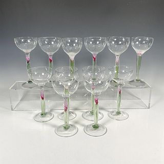 12pc Chris Baker Salmon Wine Glasses, Pink Flower Stem