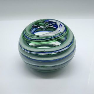 Murano Glass Blue & Green Swirl Paperweight, Signed