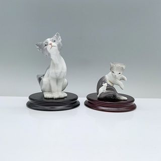 2pc Lladro Porcelain Figurines with Base, Cat, Cat and Mouse